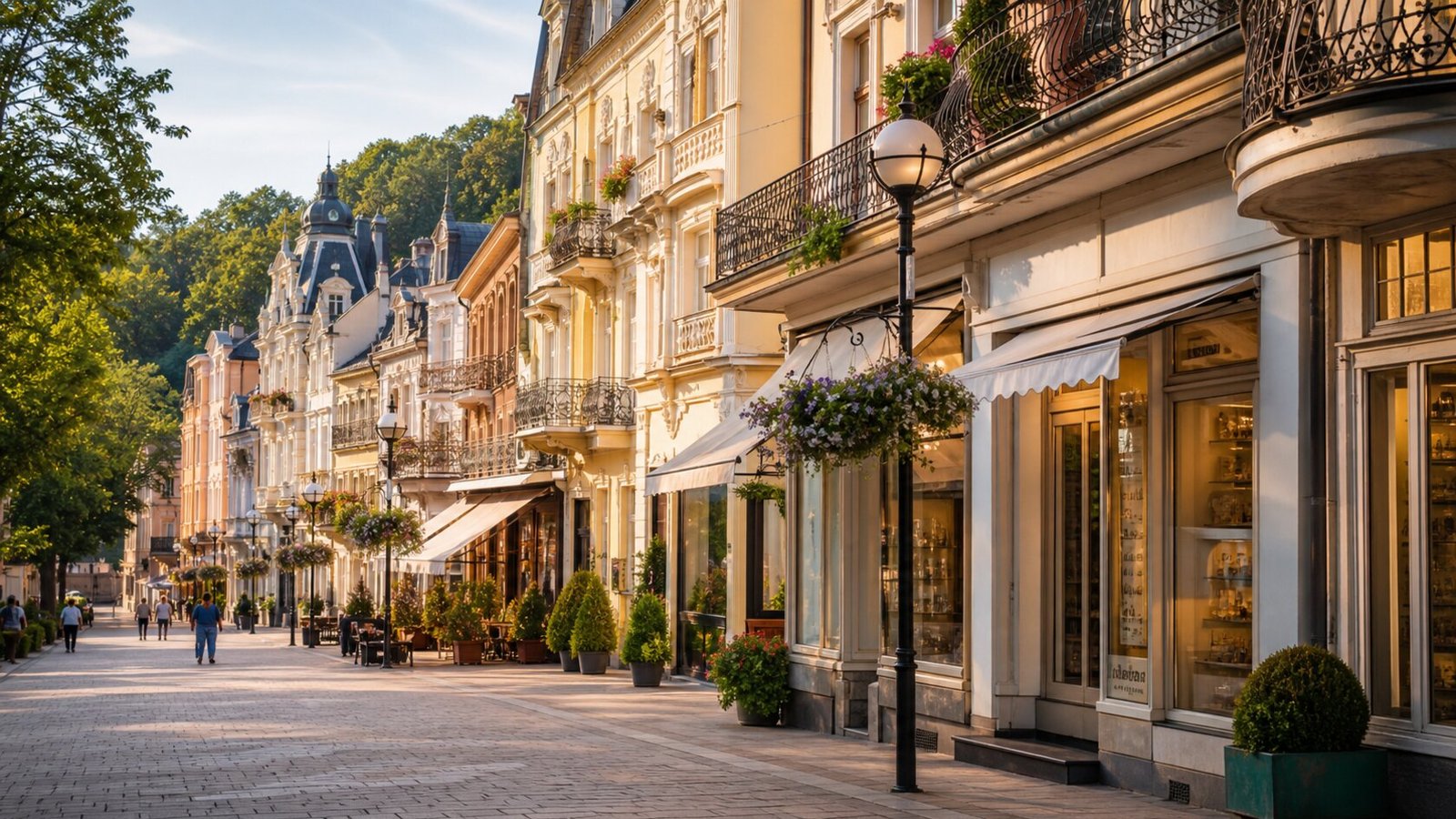 Einkaufsstraße in Marienbad mit Cafés und Geschäften