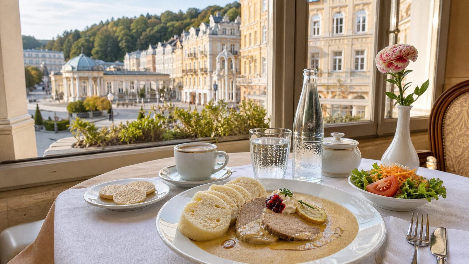 Tschechisches Essen mit Kaffee in einem Restaurant in Mariánské Lázně