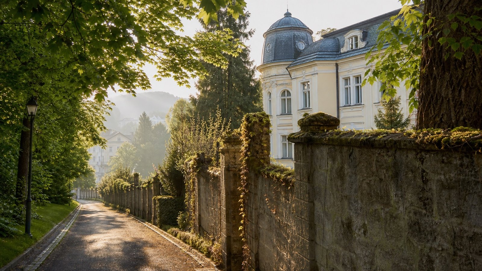 Ruhiger versteckter Weg mit historischer Architektur in Marienbad