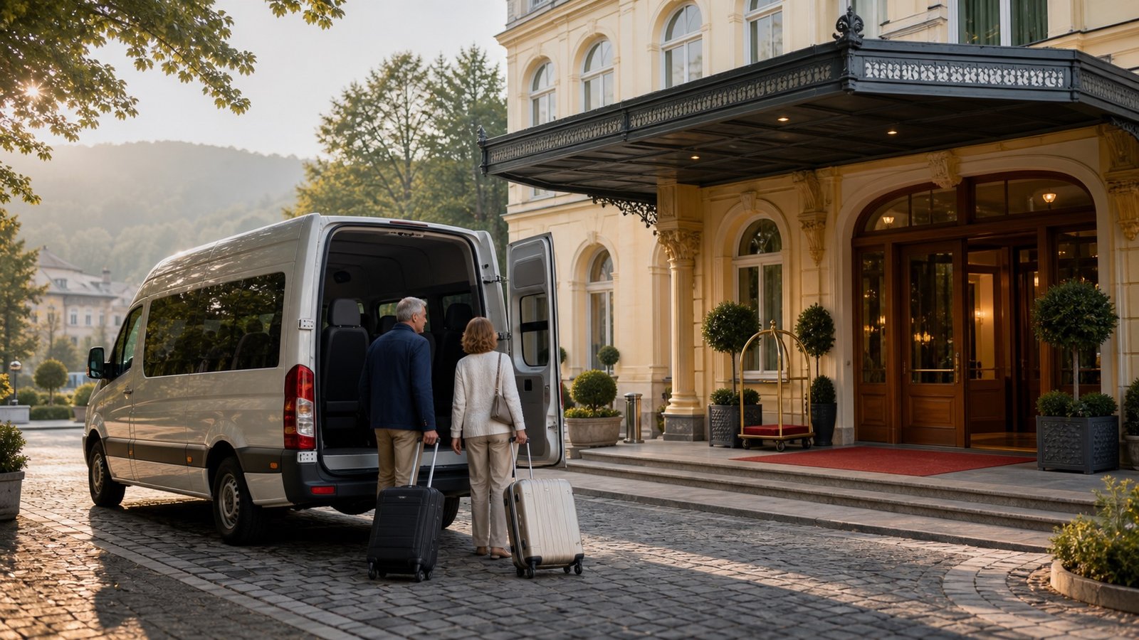 Shuttle und Gepäck vor einem Kurhotel in Marienbad