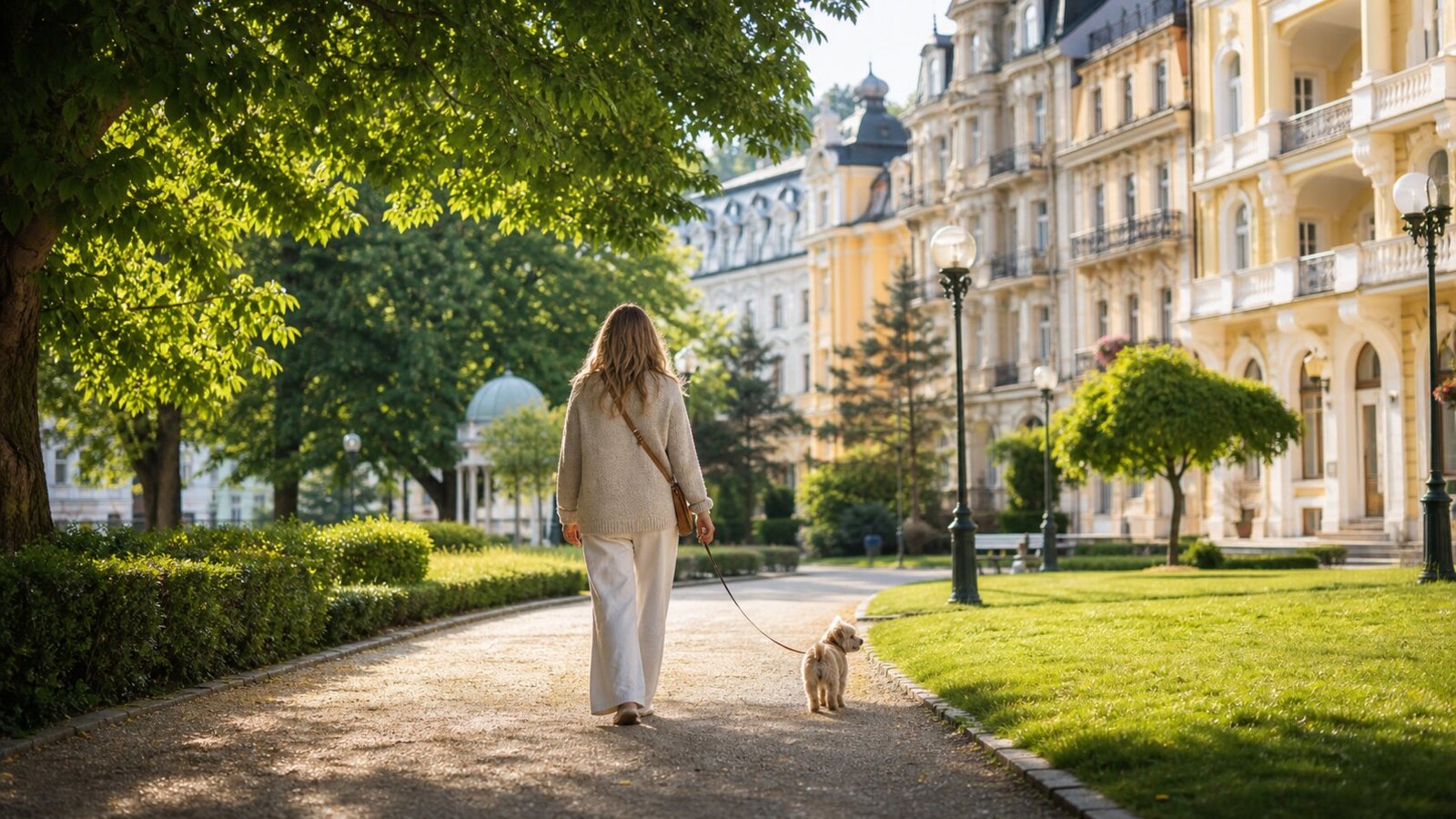 Spaziergang mit Hund im Kurpark von Marienbad