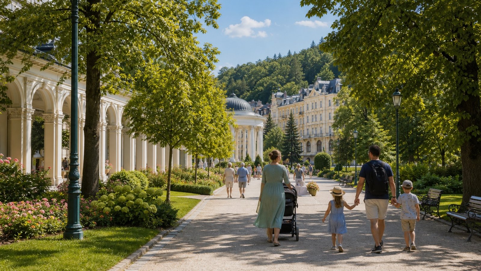 Familie mit Kindern im Kurpark von Marienbad