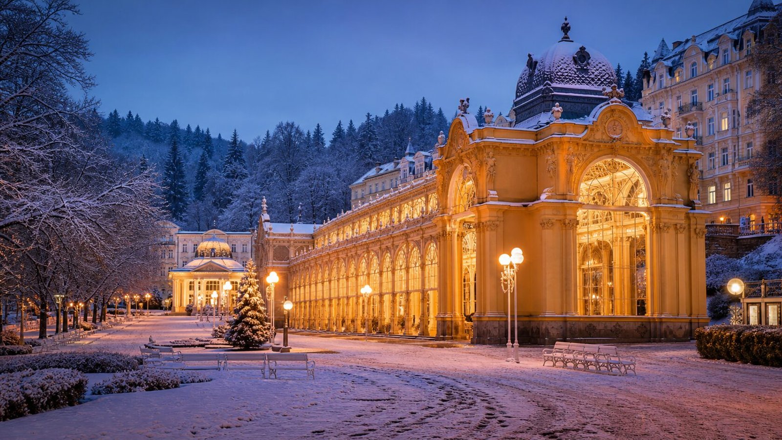 Marienbad im Winter mit beleuchteter Kolonnade