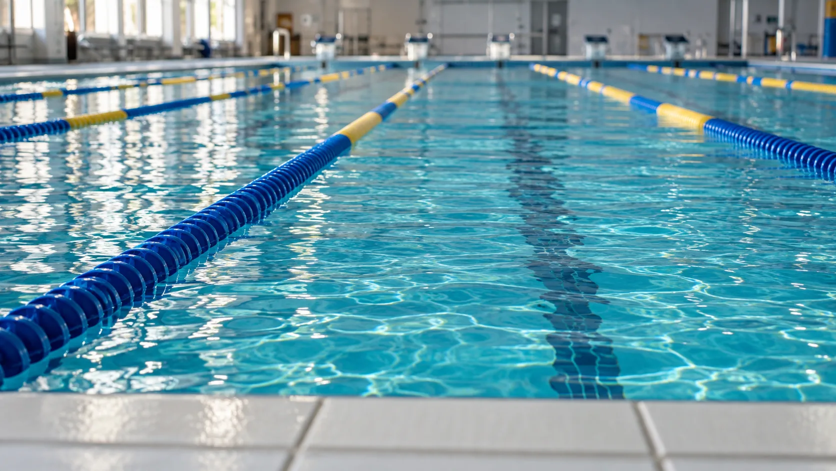 Türkisblaues Wasser und abgetrennte Schwimmbahnen in einem Hallenbad