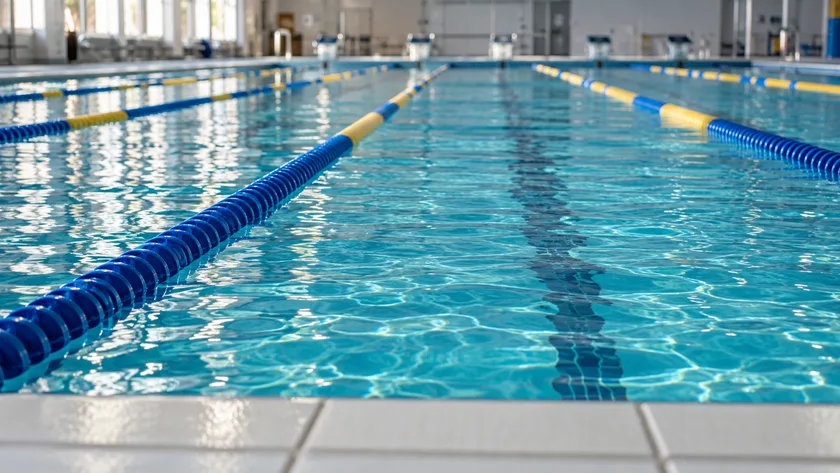 Schwimmbahnen und türkisblaues Wasser im Hallenbad